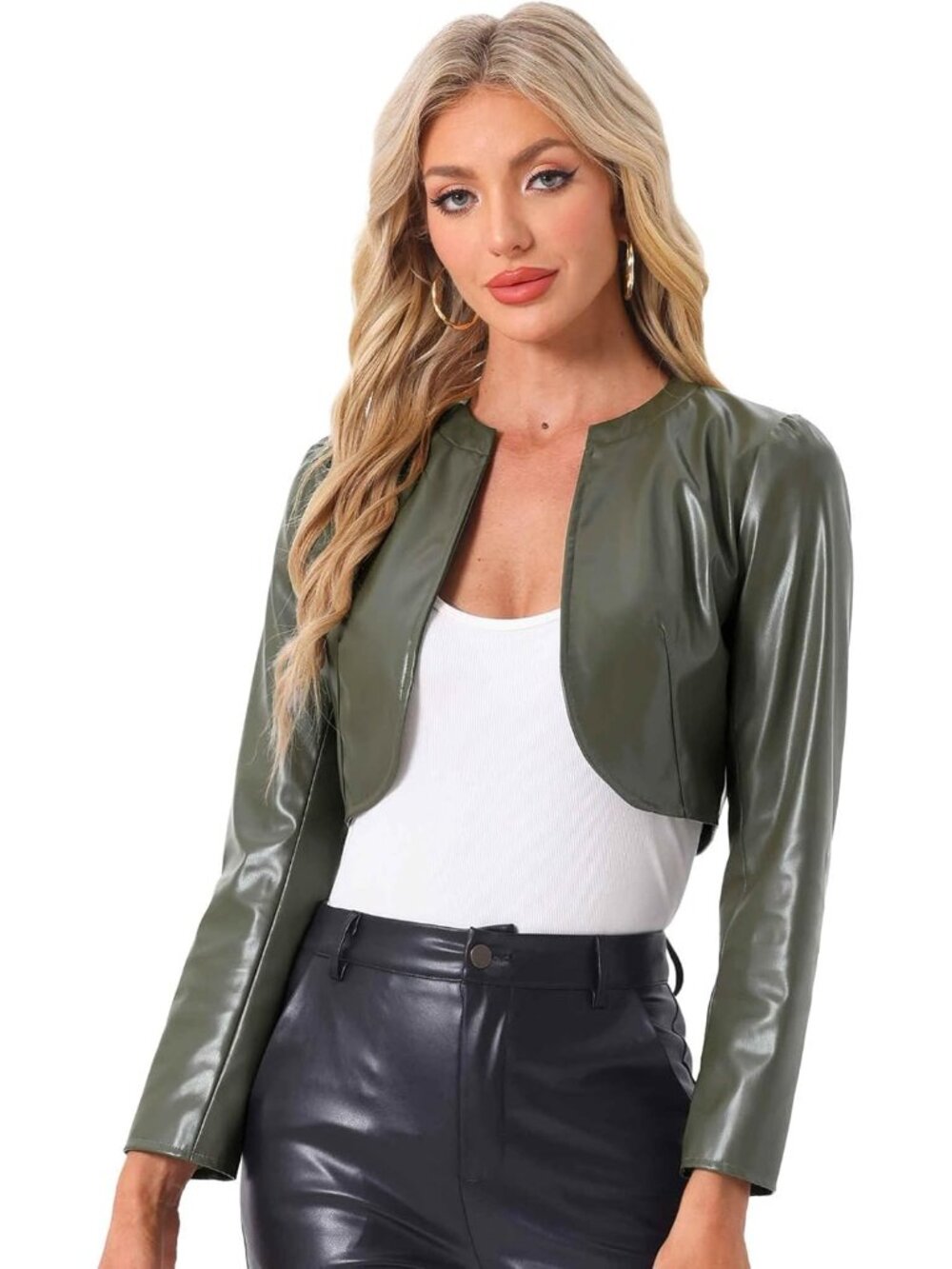 Women’s Army Green Faux Leather Cropped Jacket Open Front Long Sleeve PU Coat